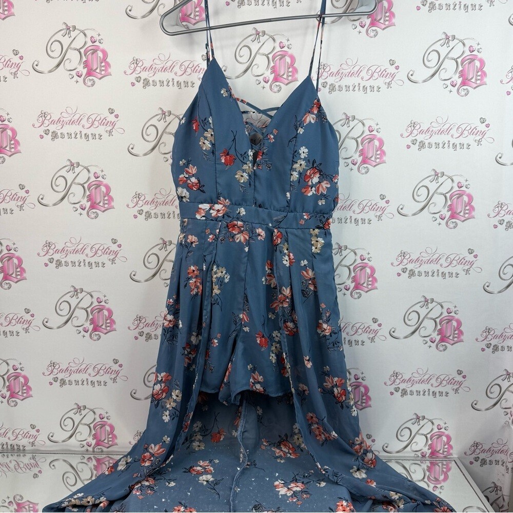 Crystal Doll romper high low draping fabric shorts floral flowers Blue Dress